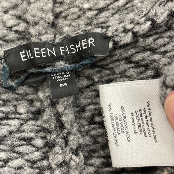 Eileen Fisher Jacket Leather Trim Organic Wool Alpaca Gray Chevron Size Medium - Picture 4 of 6